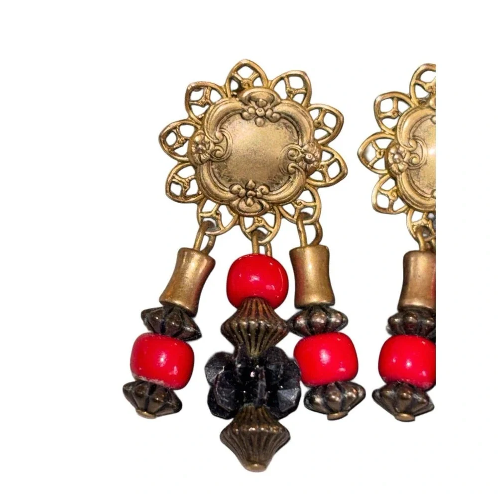 Vtg Goldtoned‎ Metal Earrings w Multicolor Dangling Beads Retro Statement